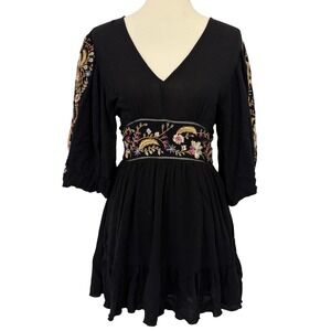 FATE Black Embroidered Boho V Neck 3/4 Sleeve Mini Dress Women's Size S